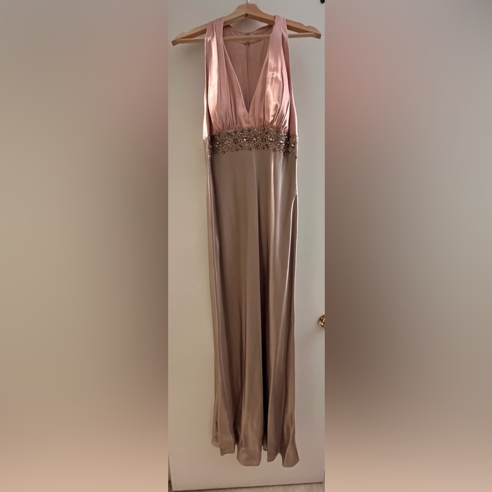 Elegant Taupe and Pink Beaded Waist Evening Gown